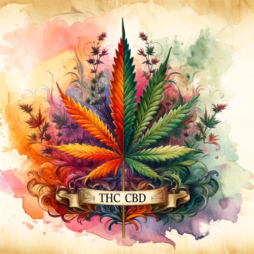 DALL·E 2024-01-20 15.29.03 – A fancy watercolor painting of a cannabis plant divided into two sections, with the left side labeled ‘THC’ and the right side labeled ‘CBD’. The THC