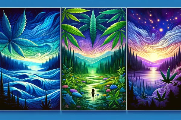 DALL·E 2024-03-01 18.35.48 – Visualize the concept of exploring the differences between CBD, CBG, and CBN through an artistic lens. Imagine a triptych, where each panel represents
