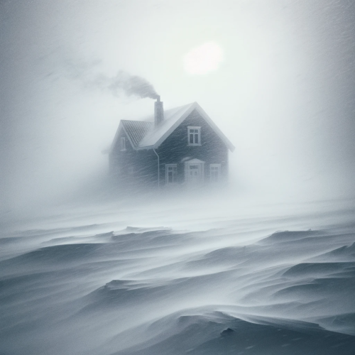 DALL·E 2024-01-08 18.09.33 – A house engulfed in a whiteout blizzard. The house is completely dark, with no lights on, adding to the eerie and intense atmosphere of the storm. The
