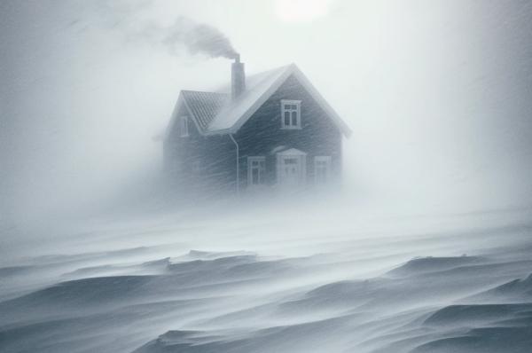 DALL·E 2024-01-08 18.09.33 – A house engulfed in a whiteout blizzard. The house is completely dark, with no lights on, adding to the eerie and intense atmosphere of the storm. The