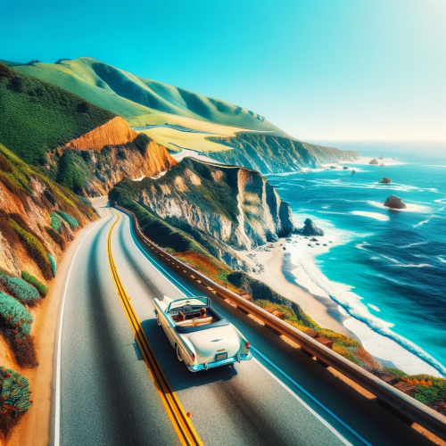 DALL·E 2024-01-09 16.34.17 – A scenic view of a road trip in California along the cliffside on the coast. There’s only one car, a classic convertible, driving on the right side of