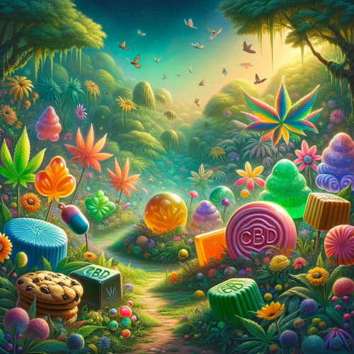 DALL·E 2024-01-25 19.40.49 – A serene and colorful painting depicting the rise of CBD edibles in the wellness industry, without any people. The scene is set in an enchanted garden