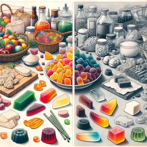 DALL·E 2024-02-02 21.29.31 – A detailed drawing illustrating the comparison between homemade and store-bought gummy edibles, without any text. The left side of the image showcases