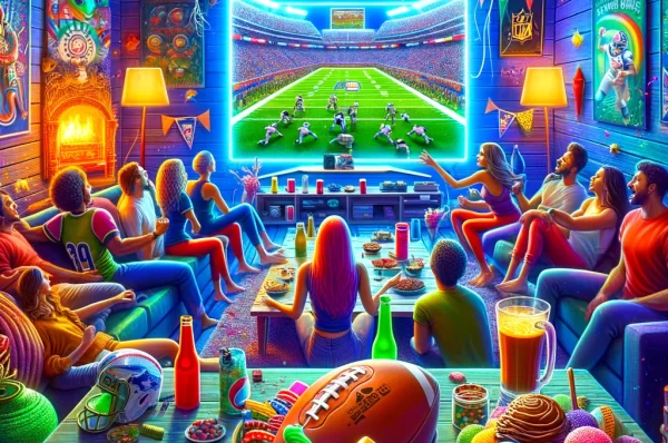 DALL·E 2024-02-09 20.32.55 – A vibrant digital art piece capturing the essence of experiencing the Super Bowl with edibles. The scene unfolds in a cozy living room filled with a g