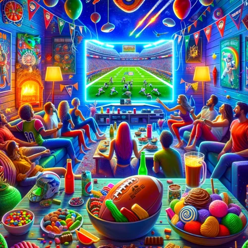 DALL·E 2024-02-09 20.32.55 – A vibrant digital art piece capturing the essence of experiencing the Super Bowl with edibles. The scene unfolds in a cozy living room filled with a g