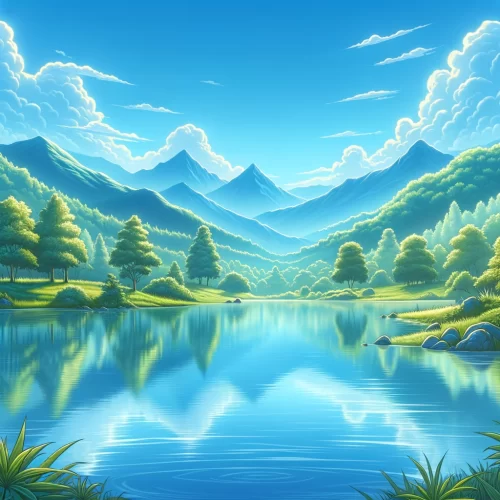 DALL·E 2024-02-19 18.41.11 – Visualize a serene landscape to represent the calming effects of edibles, focusing on non-psychedelic imagery. The scene features a tranquil lake refl